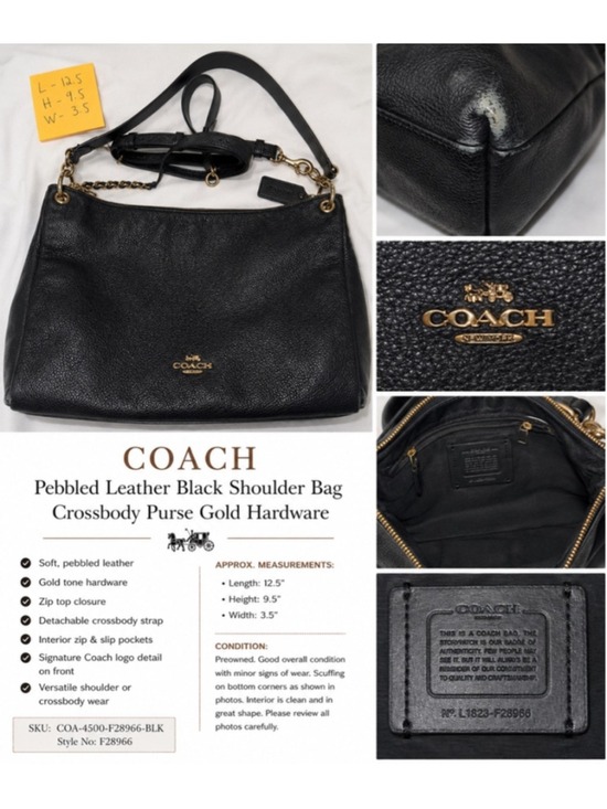 Coach Handbags - Coach Pebbled Leather Shoulder Bag Black Gold Hardware Crossbody Purse F28966